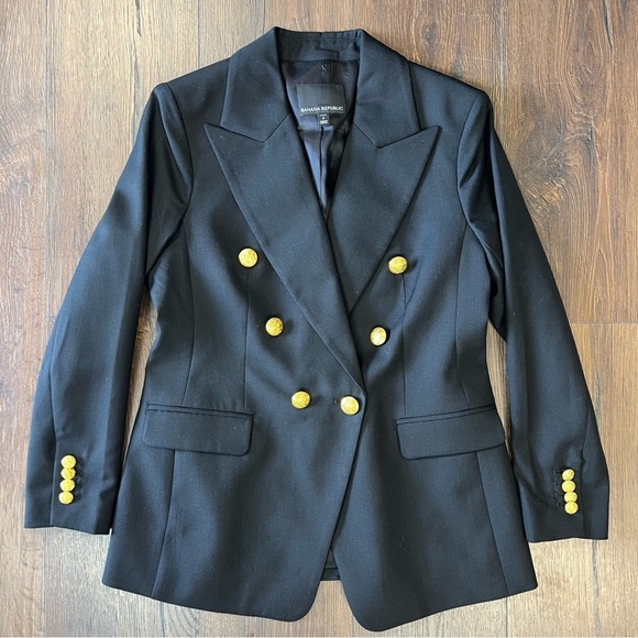Banana Republic Classic Black Wool Blend Captain's Blazer Gold Buttons SZ 6Pet - Picture 2 of 7
